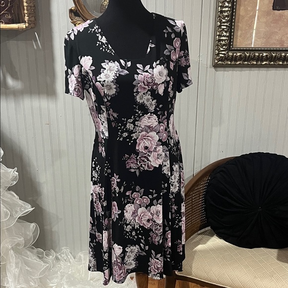 Connected Apparel Black and Pink Floral Midi Dress - Picture 1 of 3